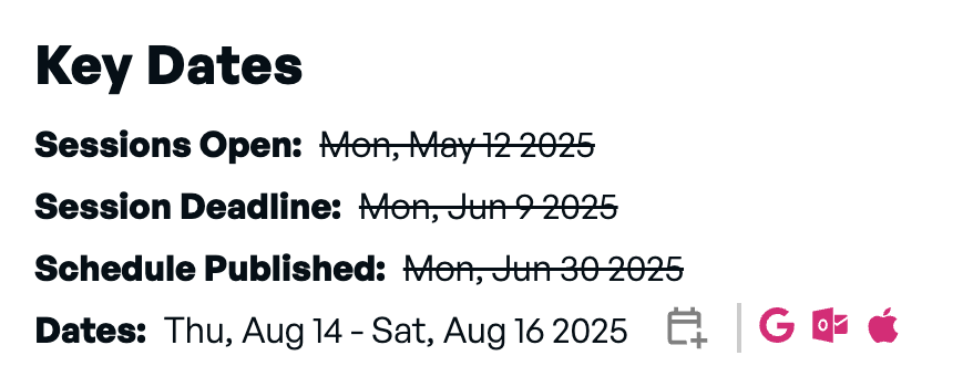 A display of dates for the event, with past dates striked through and the event dates having calendar links